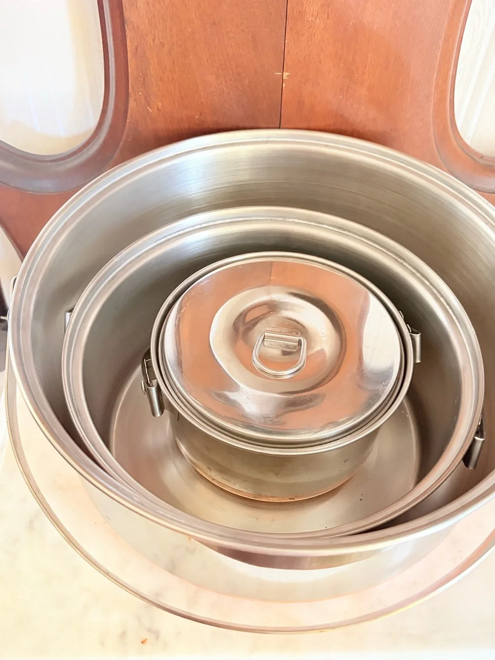 1960's Full Set Nesting Camping Cookware Stainless / Copper Bottom And Handle
